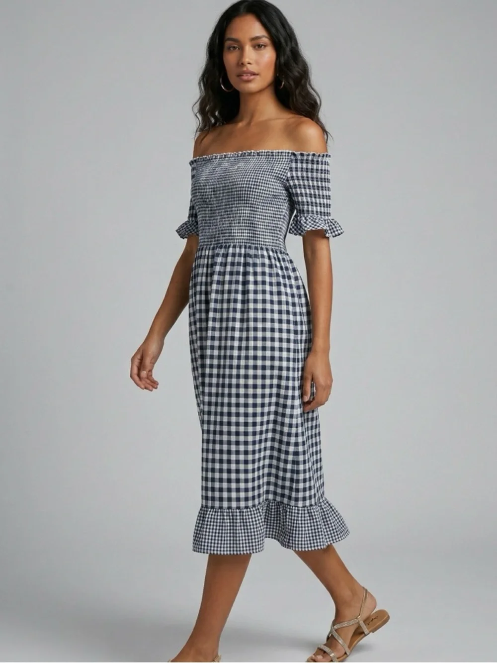 POL Navy Smocked Gingham Midi Dress | Off Shoulder Checkered Dress Cottage - Picture 6 of 8